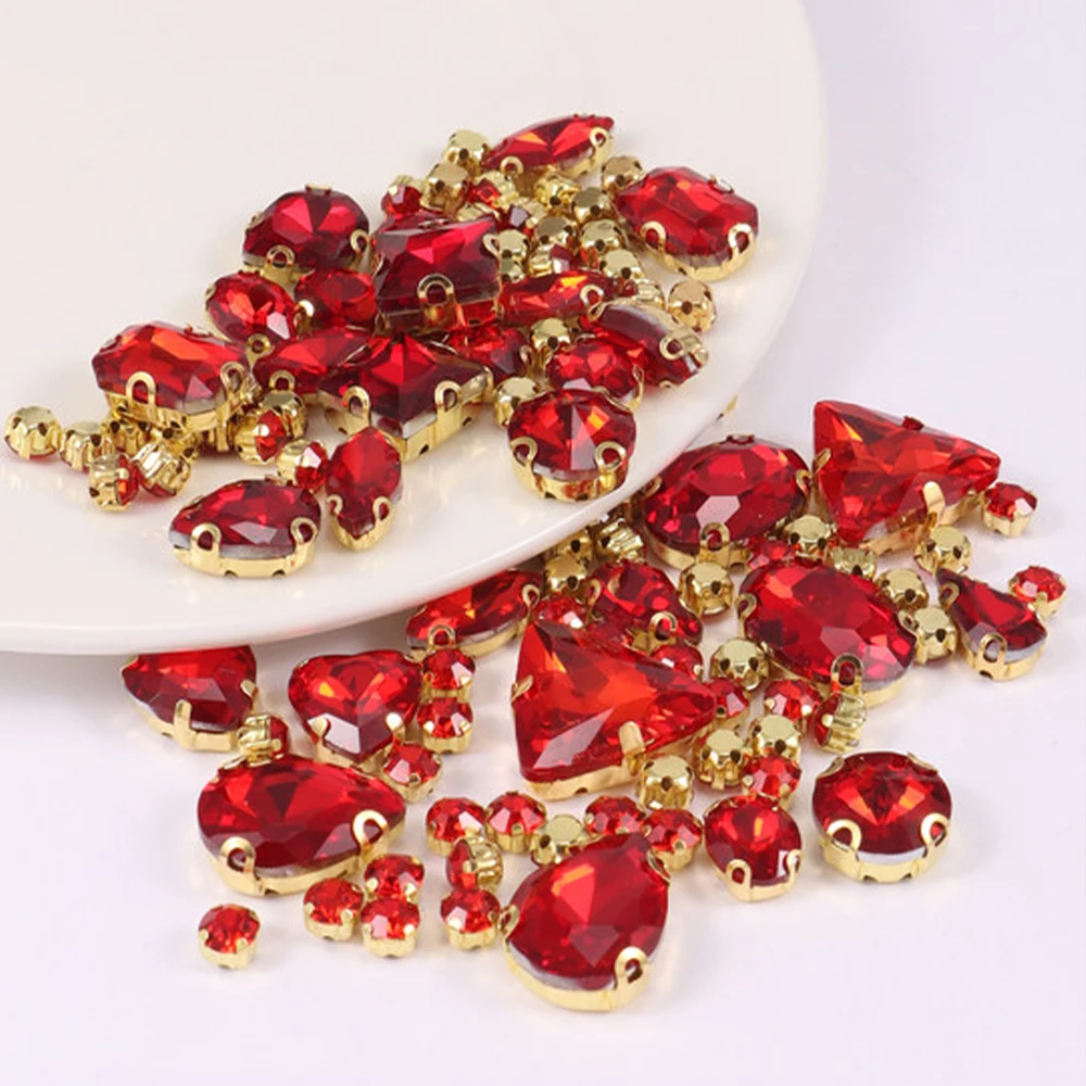 130pcs/lot Gold Claw Setting Glass Rhinestone Mixed Shape Sew On Crystal Stone Diamond for Wedding Dress Shoes Bags DIY Trim