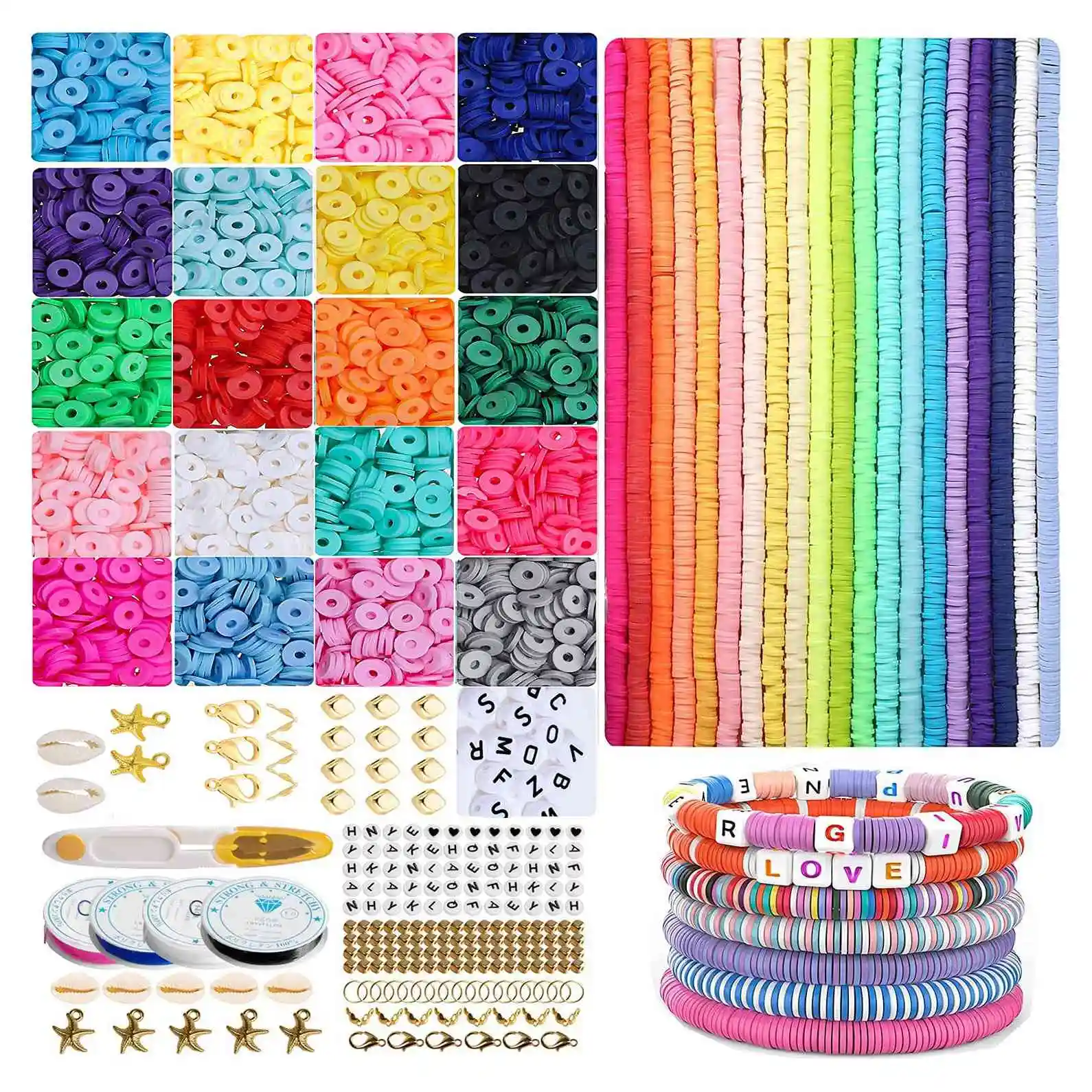 Jewelry Making Kit Beads for Bracelets - 4000Pcs Polymer Clay Beads 6mm 20 Colors Flat Beads with Letter Bead