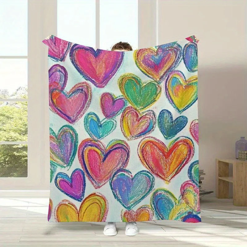 Colorful Heart Print Flannel Blanket - Soft, Warm & Reversible Ideal for Couch,Bed,Car,Office,Camping | Perfect All-Season Gift