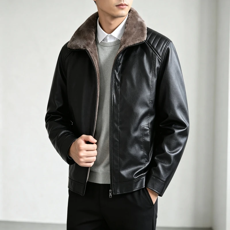 Men Fleece Lined Faux Leather Jacket Lapel Collar Zipper Up Long Sleeve Slim Fit Warm Winter Casual Business Male Outerwear Coat