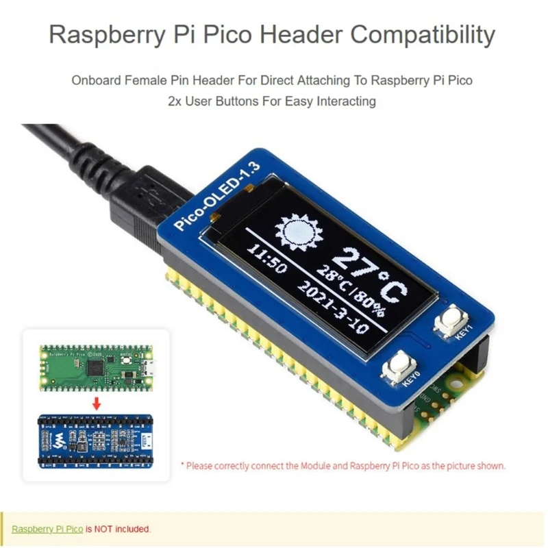 1,3 Inches OLED Display Modul for RaspberryPiPico Serie Screen Board SH1107 Driver Chip 4-wire SPI and I2C interfaces