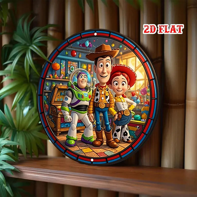[2D Flat] قطعة واحدة من علامة معدنية مسطحة عتيقة مستوحاة من قصة الالعاب - Woody، Buzz Lightyear & Jessie - ديكور حائط من الألومنيوم المستدير الريفي
