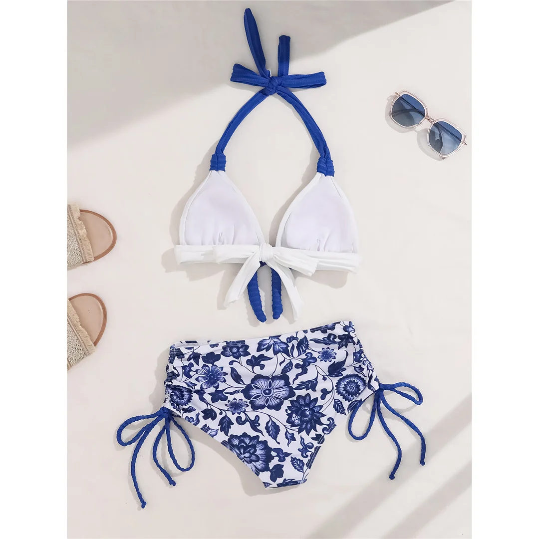 S - XL Neuer, floraler, halterneckiger Damen-Badeanzug, Bikini mit hoher Taille, zweiteiliges Bikini-Set, Badebekleidung, Badeanzug, Modell V6555 – Detail 5