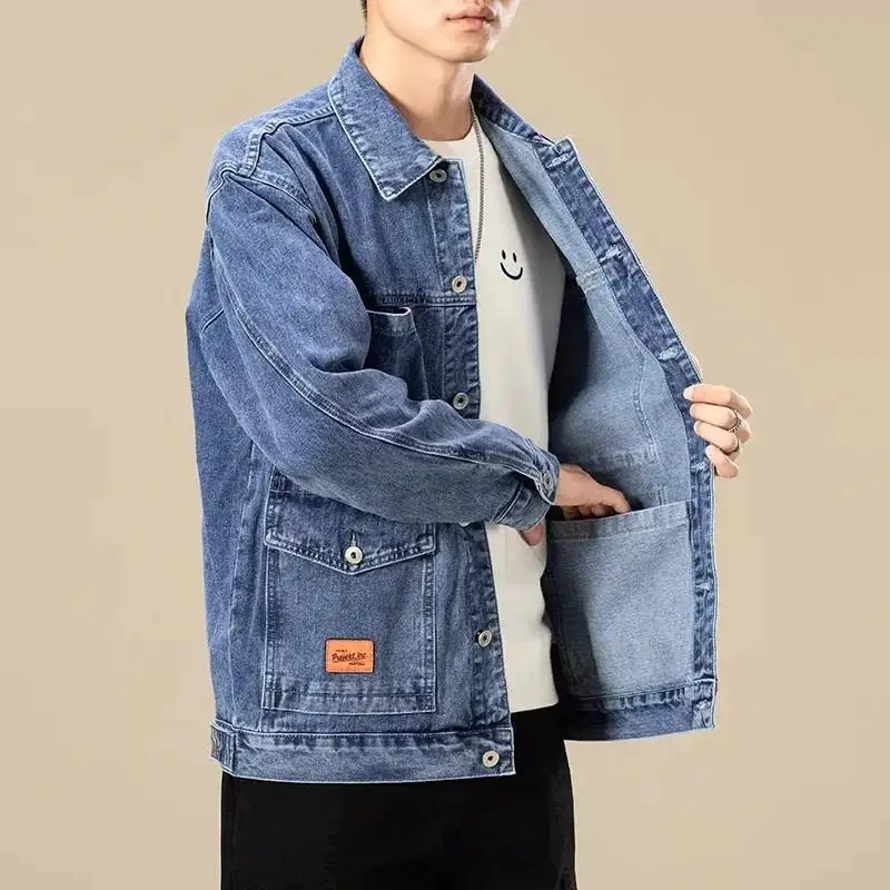 Retro American Denim Jacket Men's Trendy Handsome  Welding Site Loose Multi-Pocket Workwear Jacket Autumn Winter