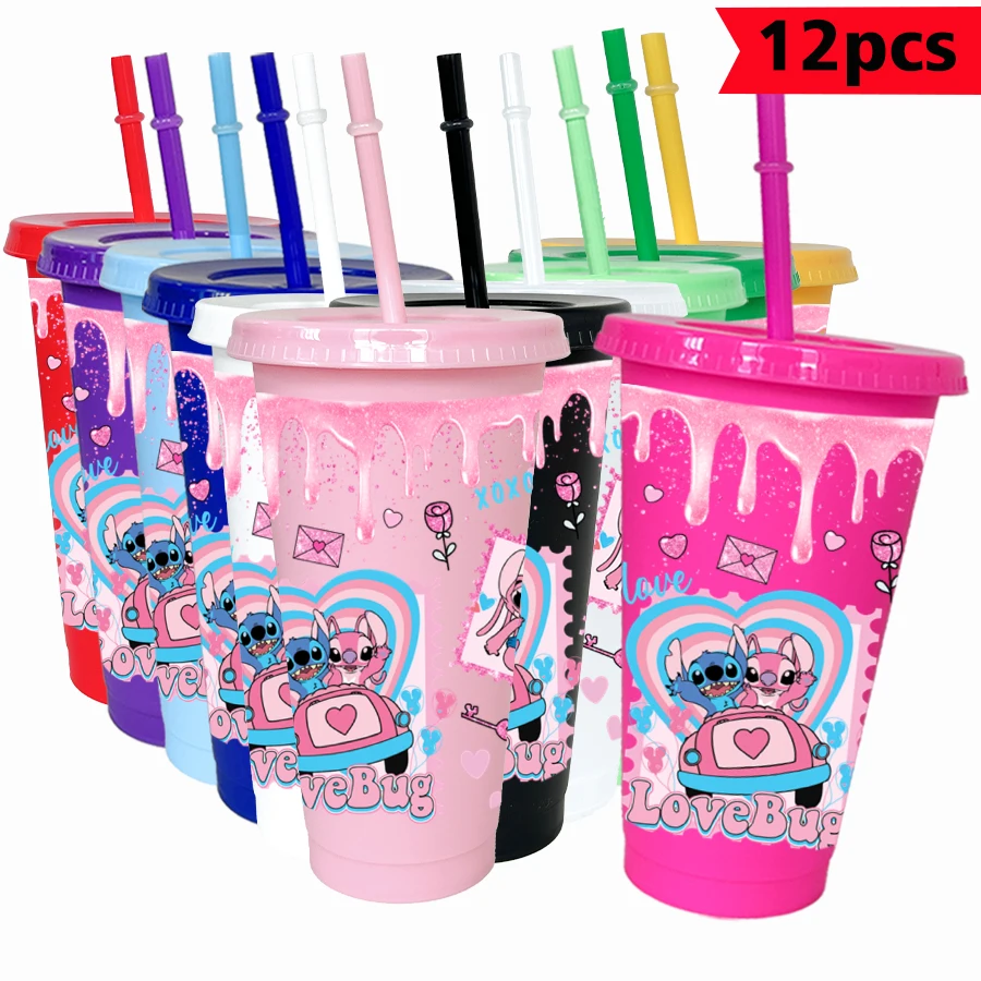 

12 шт./лот Disney Stitch Love 26 унций цветной пластиковый стакан для дня рождения, посуда для напитков, кружка для сока, кофе
