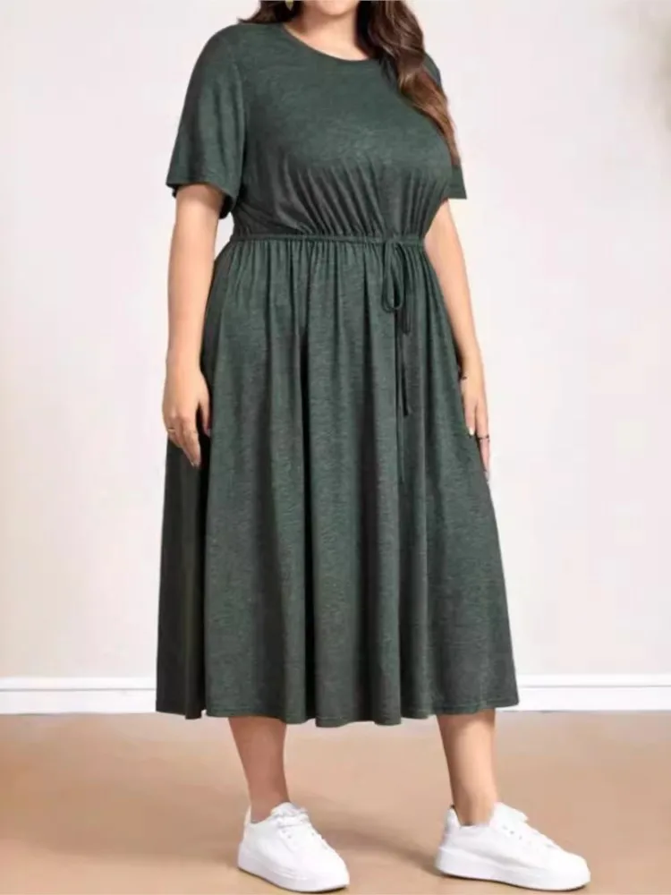 Plus Size Summer Pullover Midi Dress Women Loose Ruffle Pleated Fashion Short Sleeve Ladies Dresses Casual A-Line Woman Dress