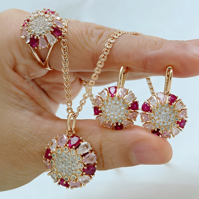 Kinel 585 Roségoldfarbenes Ethno-Vintage-Schmuckset für Damen, glänzender, bunter, natürlicher Zirkon, Ring, Ohrringe, Halskette, Alltagsschmuck