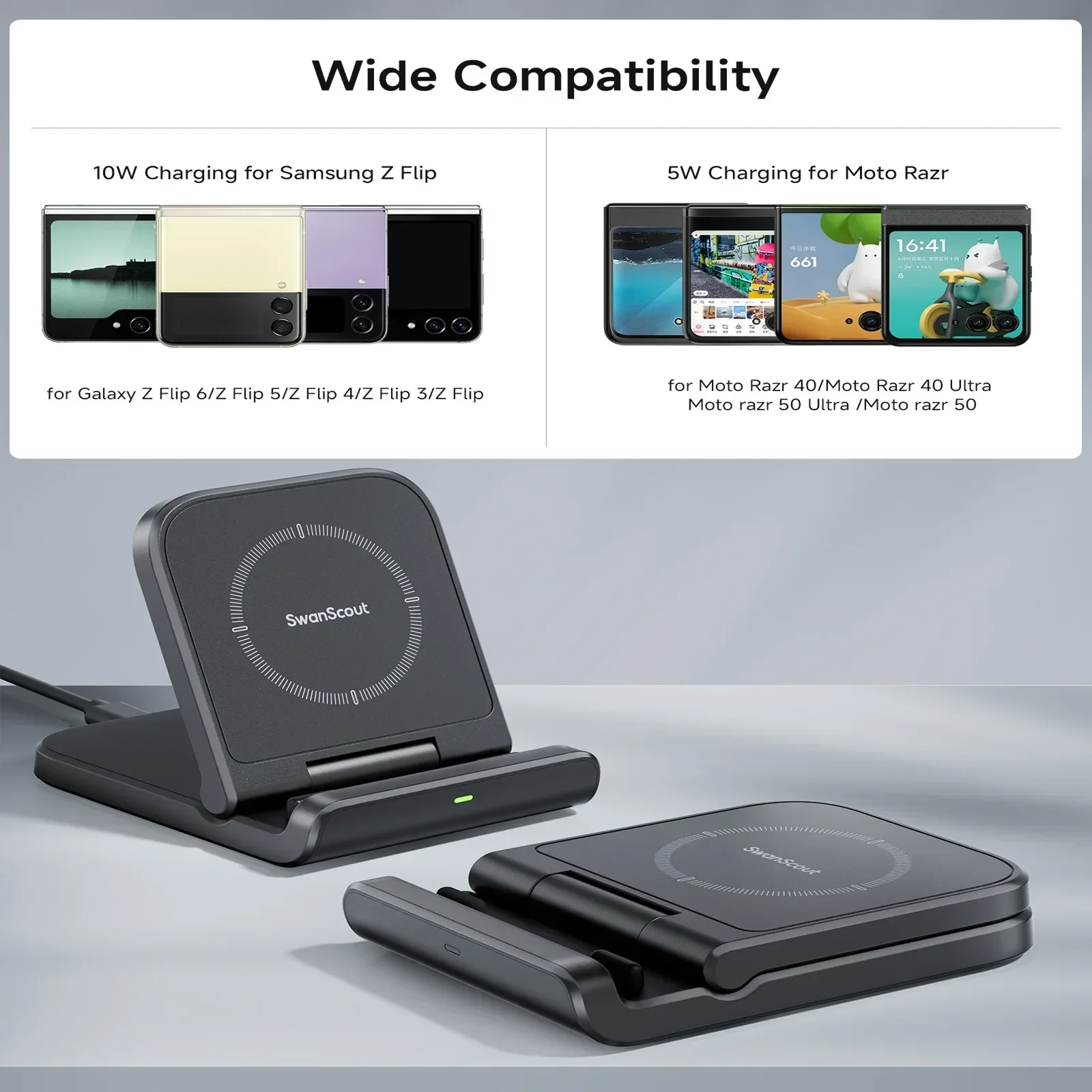 SwanScout 501S Wireless Charger for Samsung Z Flip 7 6 Foldable Fast Charging Stand for Galaxy S25 for Moto Razr 50 40 60 Ultra - náhled 4