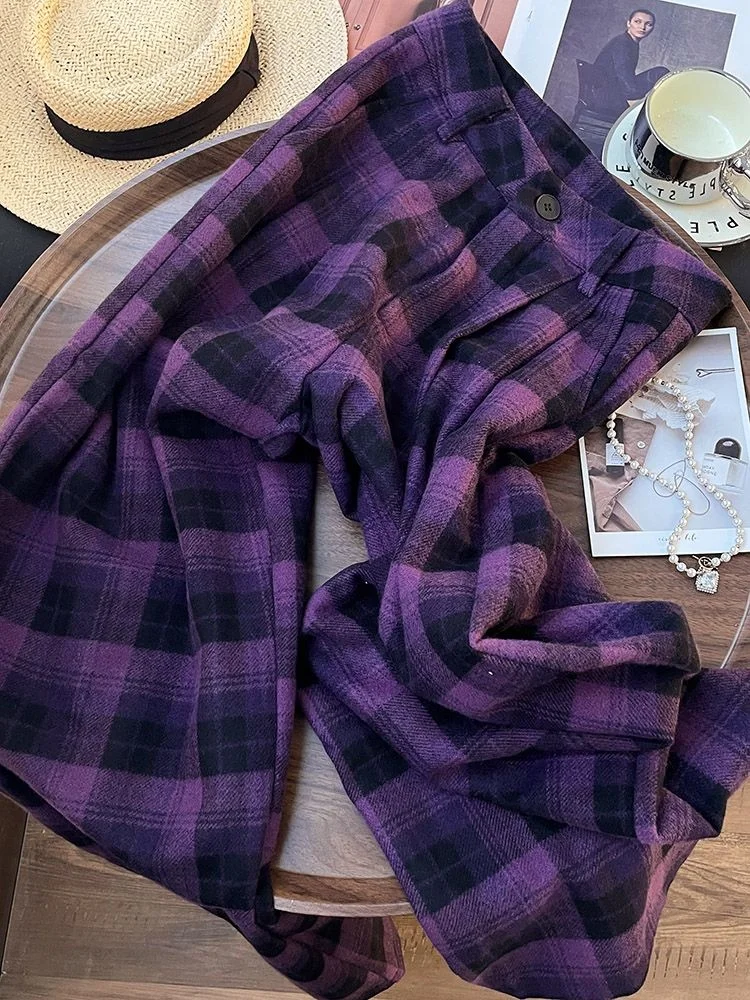 Y2K Harajuku Hot Girl High Waist Straight Tube Purple Checkered Casual Pants Autumn/Winter American woman's Loose Wide Leg Pants