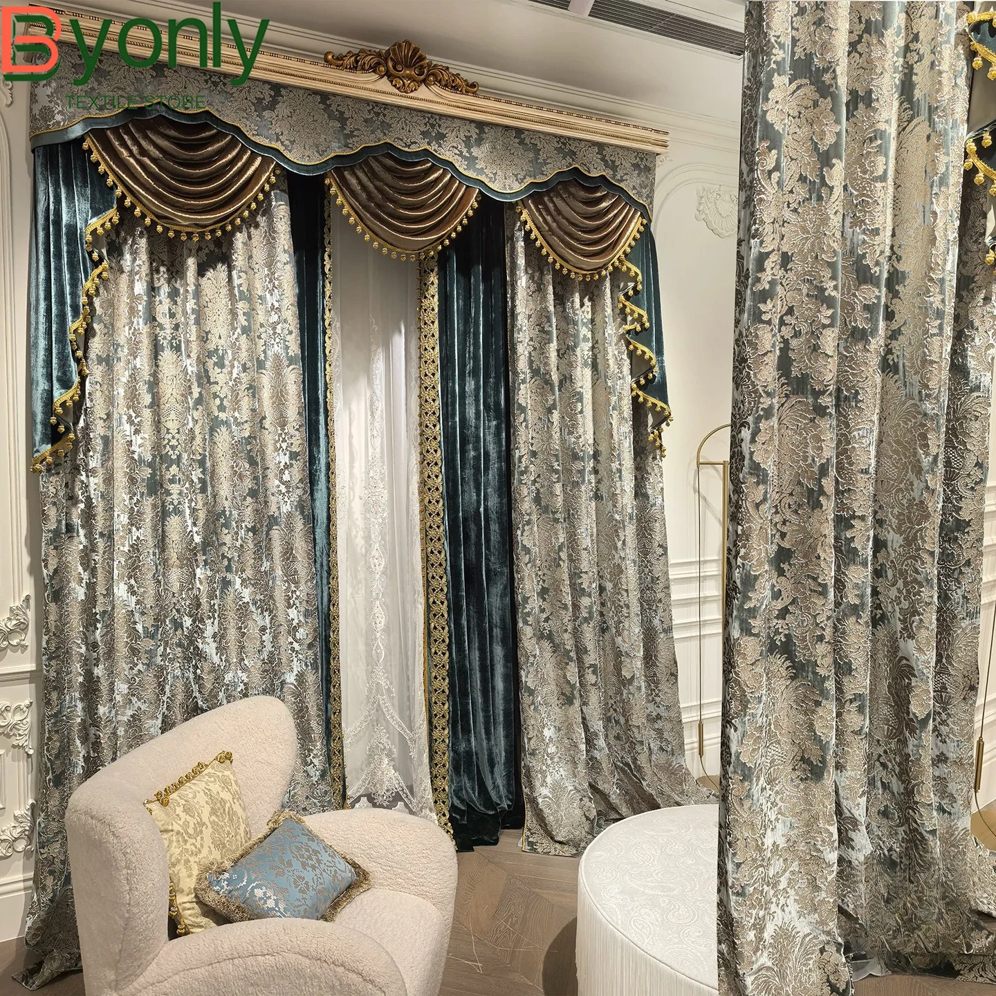 

Green Velvet Jacquard Patched Curtains for Living Room Bedroom French Window Partition Curtain Villa Customization Valance