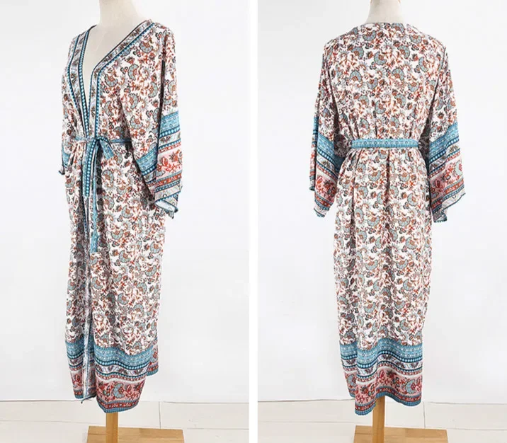 Copricostume da donna in cotone rayon stampato floreale Abito da donna Cardigan manica kimono abito bohémien spiaggia causale boho abiti estivi