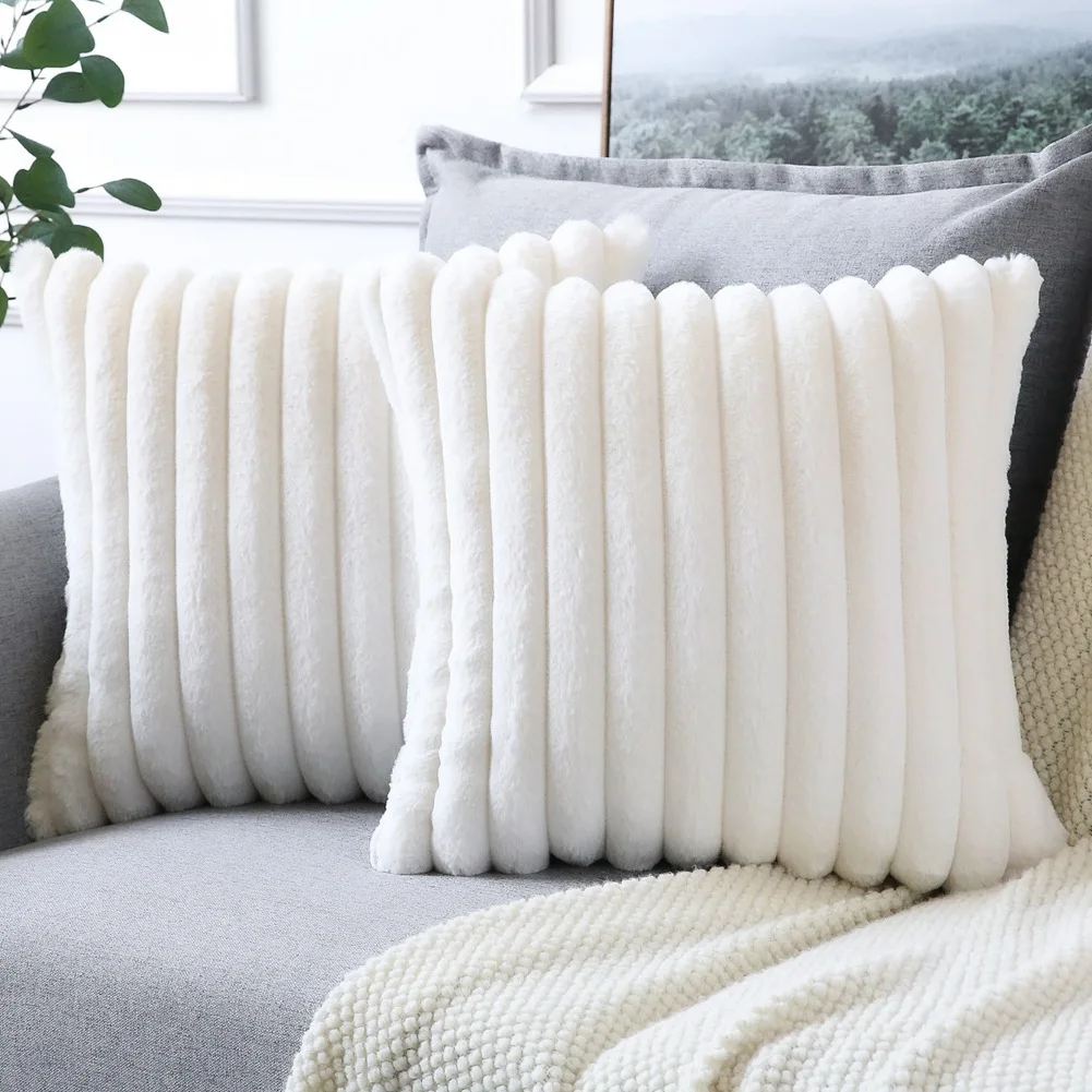 Solid Color Soft Plush Pillowcase Square Faux Rabbit Fur Ribbed Cushion Cover Sofa Office Decoration Pillow Cover Home Supplies
