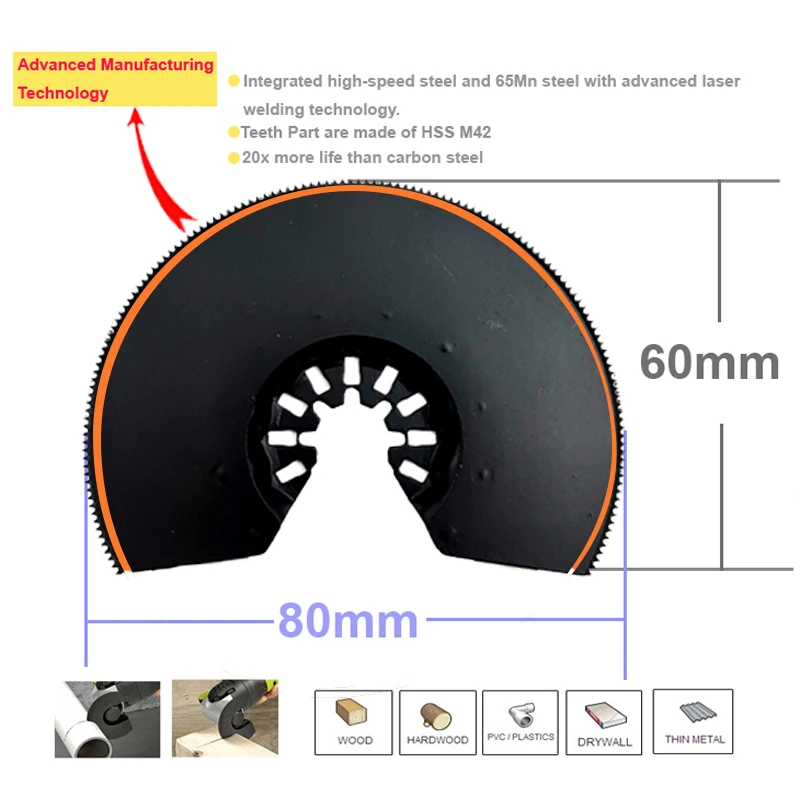 10개입 80mm HSS 바이메탈 플런지 진동 멀티툴 톱날 유니버설 샹크 크라운 캡 반원형 세그먼트 톱날