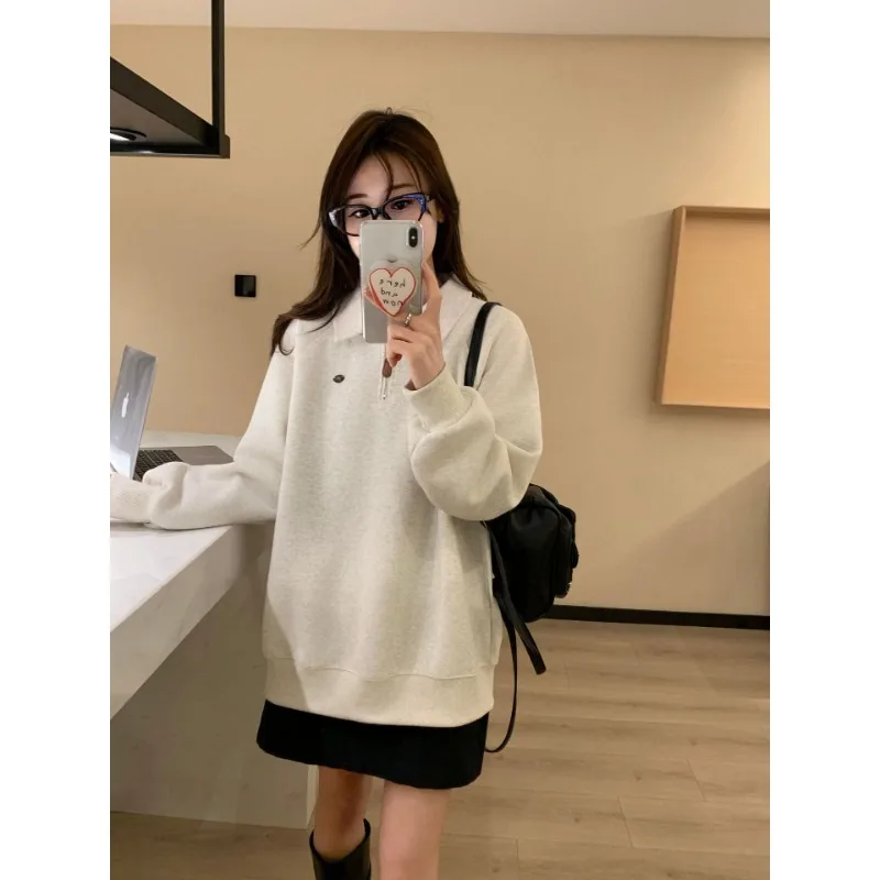 Lazy Style Elegant Half-zipper Lapel Sweat Women's Autumn New Loose All-match Slim-fit Long-sleeved Top