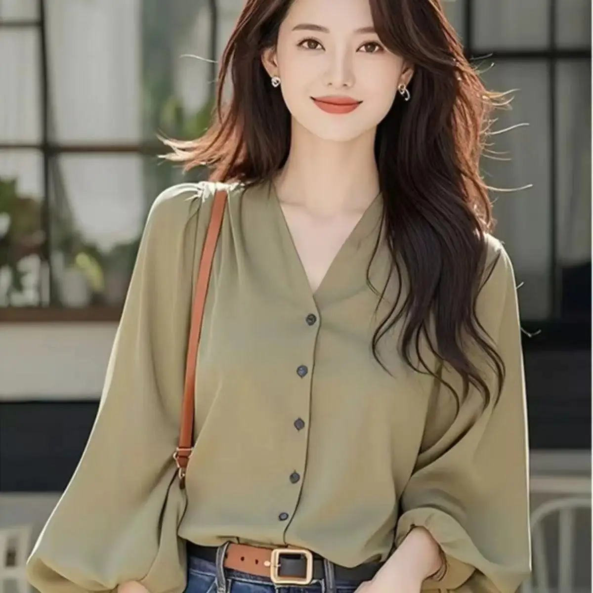 سترة بأكمام منتفخة ورقبة على شكل حرف V: بلوزة نسائية قابلة للتنفس من مزيج القطن والكتان للخريف والعمل - أناقة بسيطة #4