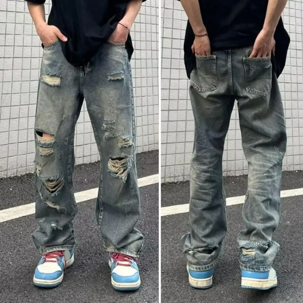 

Hip Hop Pants Streetwear Men's Ripped Hole Wide Leg Jeans with Multi Pockets Distressed Details for Casual Hip Hop Style Hip Hop