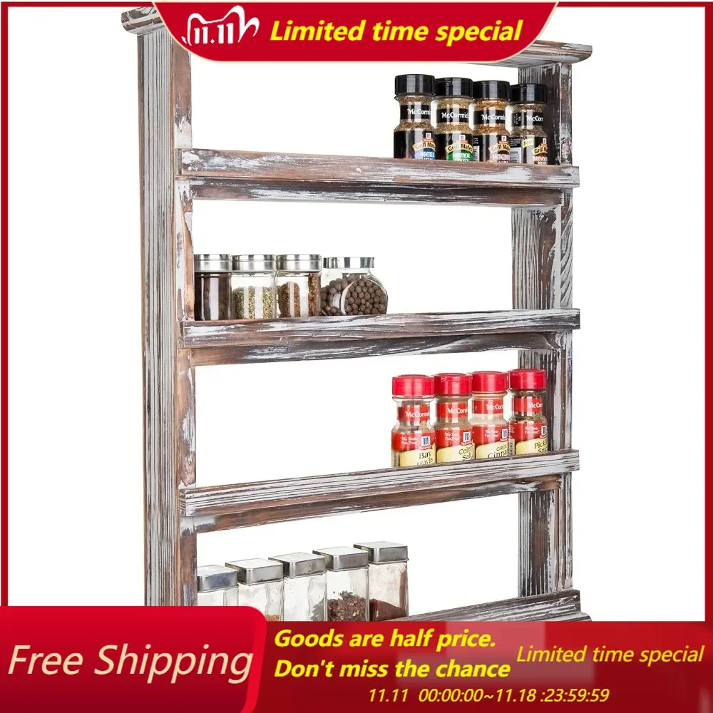 

Rustic Torched Wood Wall Hanging Spice Rack, 4 Tier Seasoning Jar Shelves Pantry Organizer