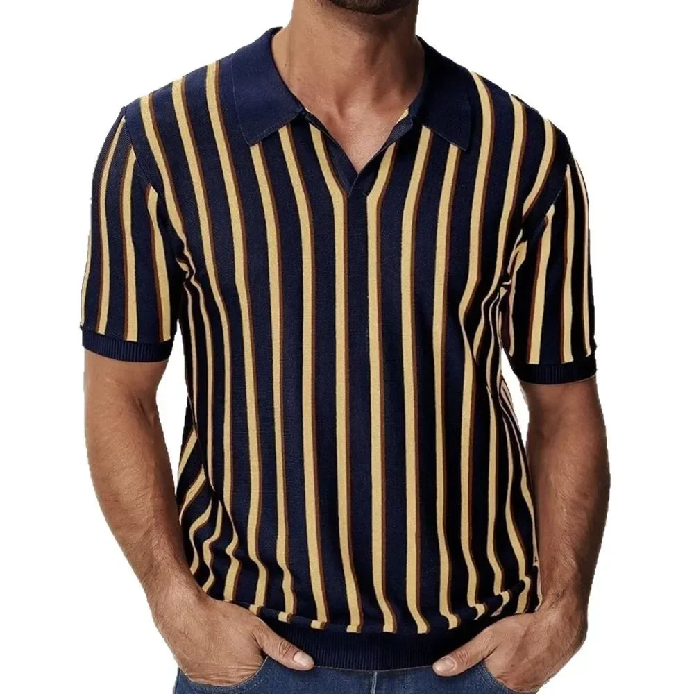 

Pop Men's Clothes Summer New Fashion Men's High Quality Trn-down Collar Short Sleeve Striped T-shirts Casual Trendy Polo Shirts