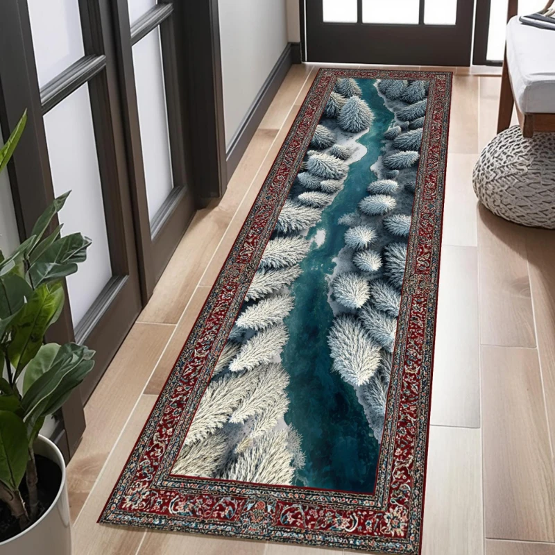 Retro Framed Mountain Waterfall Valley Graphics Runner Rug,Entryway,Corridor,Terrace,Non Slip Runner Rug,Housewarming Gift