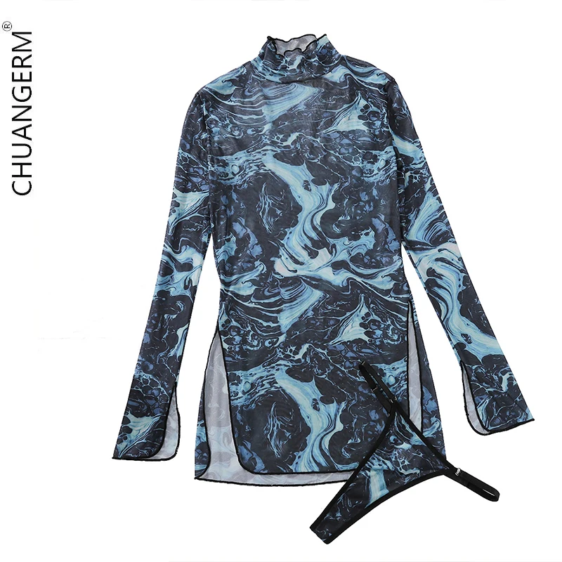 CHUANGERM المرأة مثير ارتداءها طويلة الأكمام التعادل صبغ شبكة انظر من خلال مشد أعلى قطعة واحدة الهذيان الزي sexys كامل #1