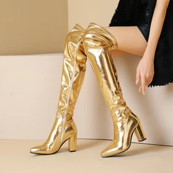 Metallic Sparkle Gold Silver Boots for Women Pointed Toe Block High Heels Overknees Big Size 46 Over-the-knee Boot Winter Shoes
