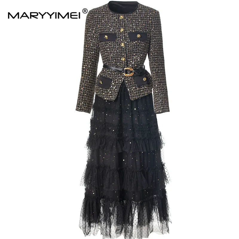 

MARYYIMEI Fashion design Women's Suit Long-Sleeved Single-Breasted Tops+Flounced Edge Skirt Sequins 2 piece set With Belt