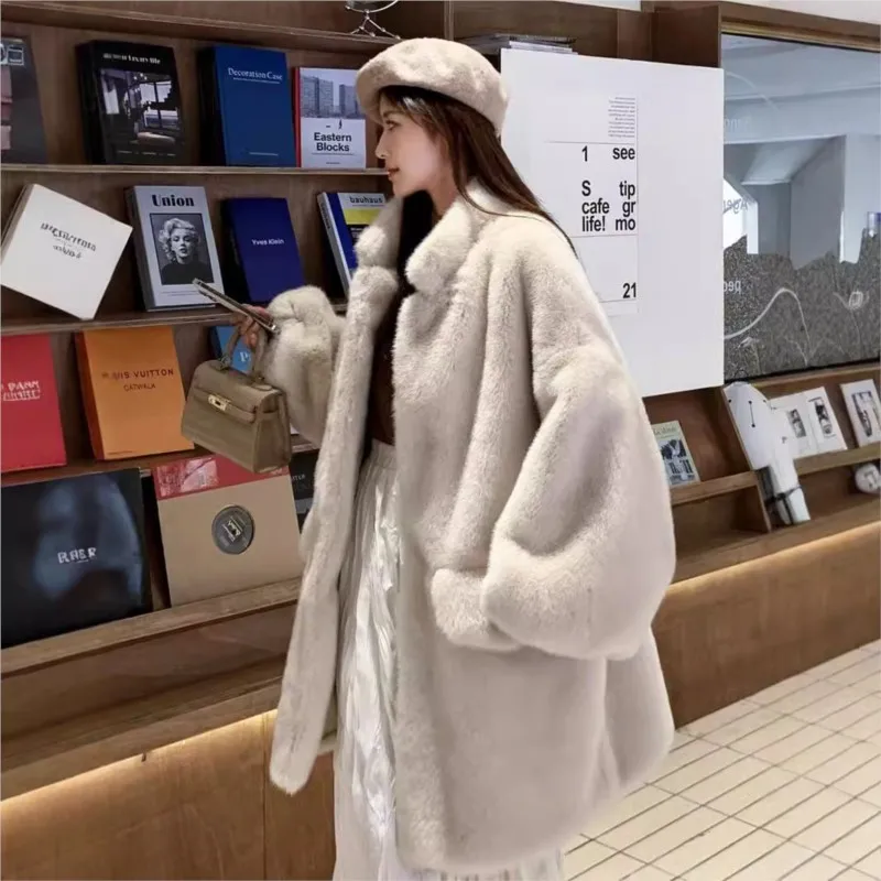 

New loose women's mixed fur coat mid-length thick and warm plush clothing