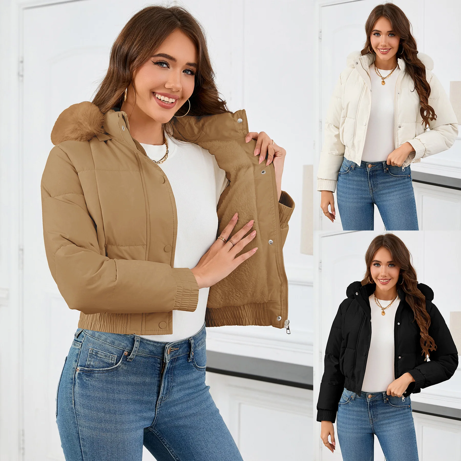 

Autumn Winter New Fashion Short Fit Women Casual Jacket Simple Solid Color Female Thick Fur Collar Cotton Coat