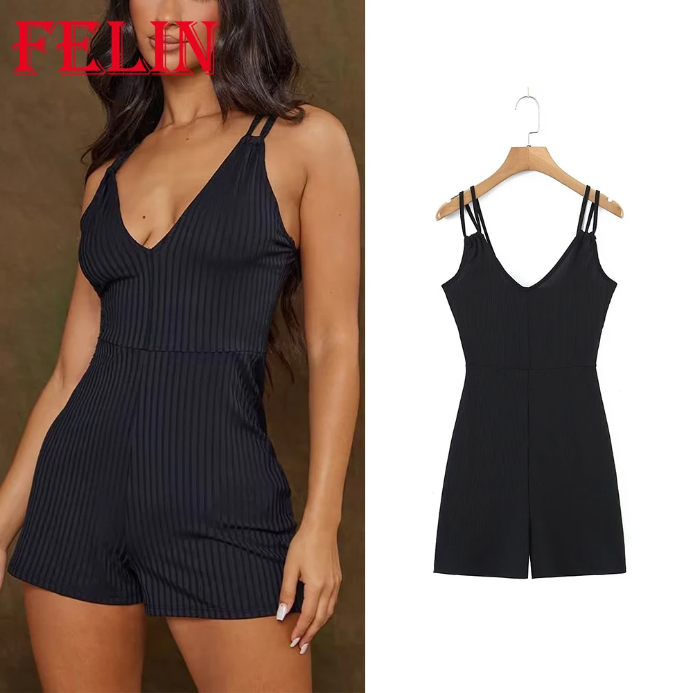 

TRAF 2023 Spring Fashion Women Black Playsuits V Neck Sexy Short Party Bodysuits Slim Siamese Trousers Fashion Women Dress