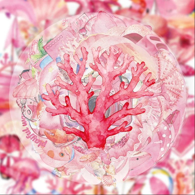 56 Transparent Pink Ocean Creature Stickers, Suitable for Water Bottles, Laptops, Phone Decorations, Suitcases, Skateboards, Guitars, Gift Boxes, Party Decorations, Holiday Gifts