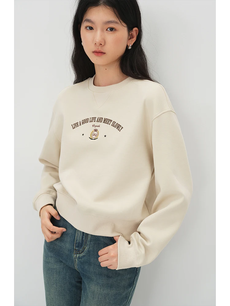 Ziqiao Preppy Stijl Geborduurd Losse Sweatshirt Voor Dames 2024 Lente Nieuwe Veelzijdige Casual Ronde Hals Trui Vrouw