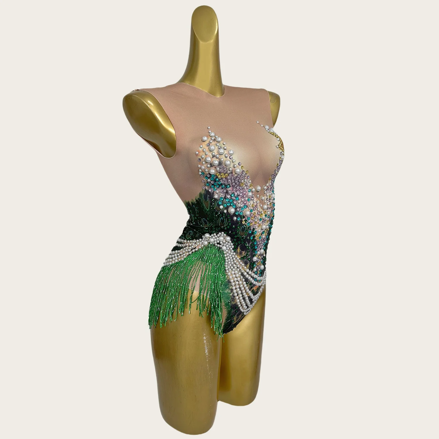 

Haicao Spandex Rhinestone Sparkly Bodysuit Sexy Women Club DJ Dance Show Wear Pearls Chains Tassel Catsuit Night Party Outfit