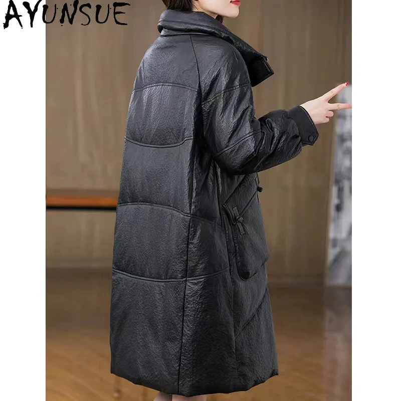 AYUNSUE Giacca in vera pelle da donna Trench di media lunghezza Cappotto in vera pelle di pecora Abbigliamento invernale da donna 90% Piumini d'anatra bianca