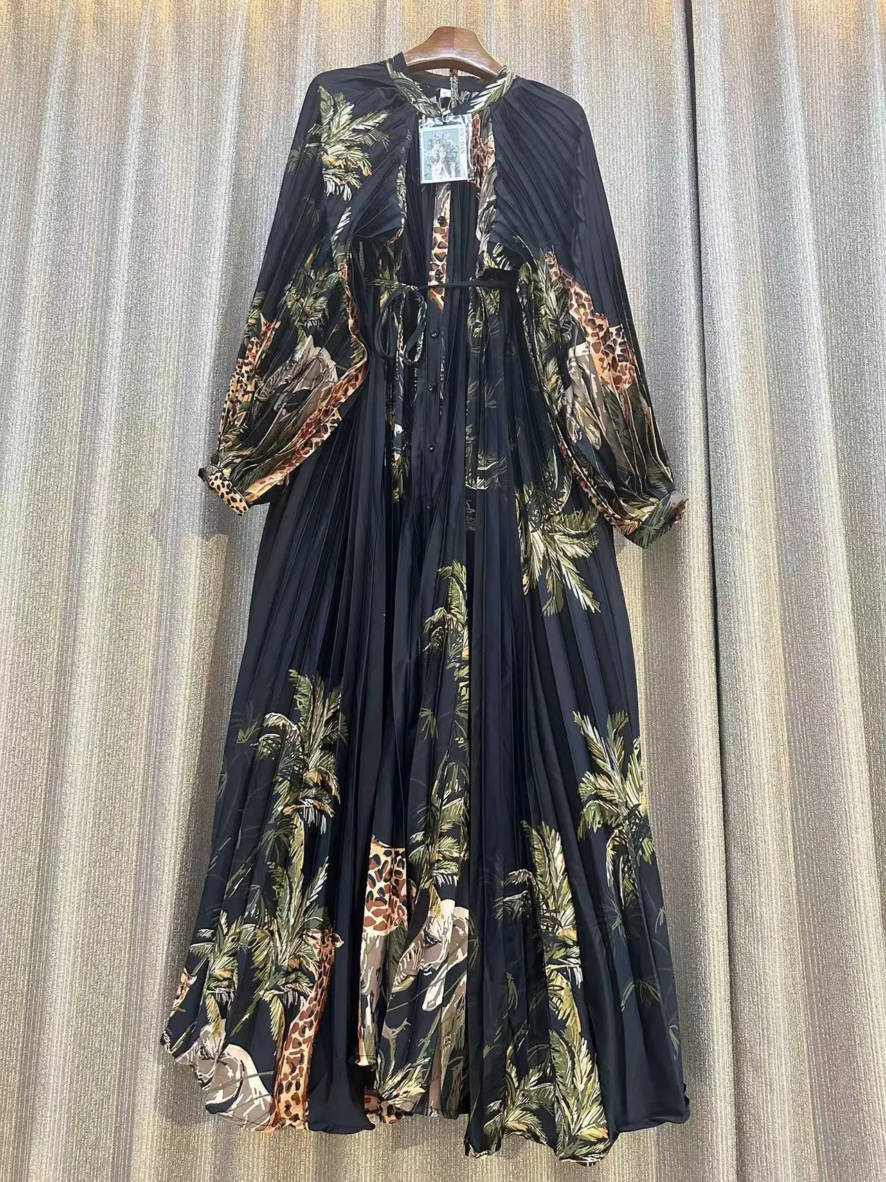 New Autumn Pleated Fashion Flower Print Holiday Maxi Dress For Women Round Collar Lantern Sleeve Party Long Clothes Vestidos