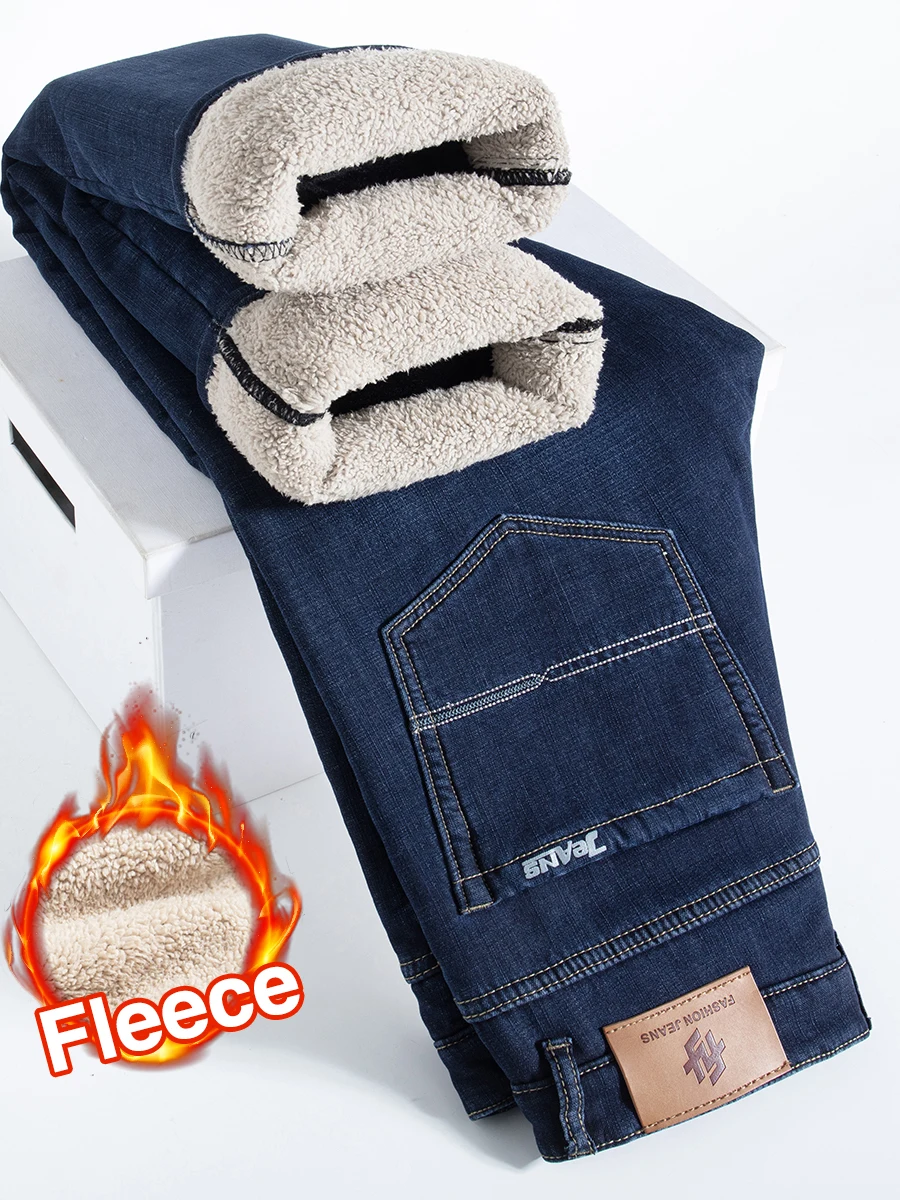 2026 New Men Winter Sherpa Fleece Lined Jeans Straight Fit Thick Warm Denim Pants Male Business Casual Thermal Trousers