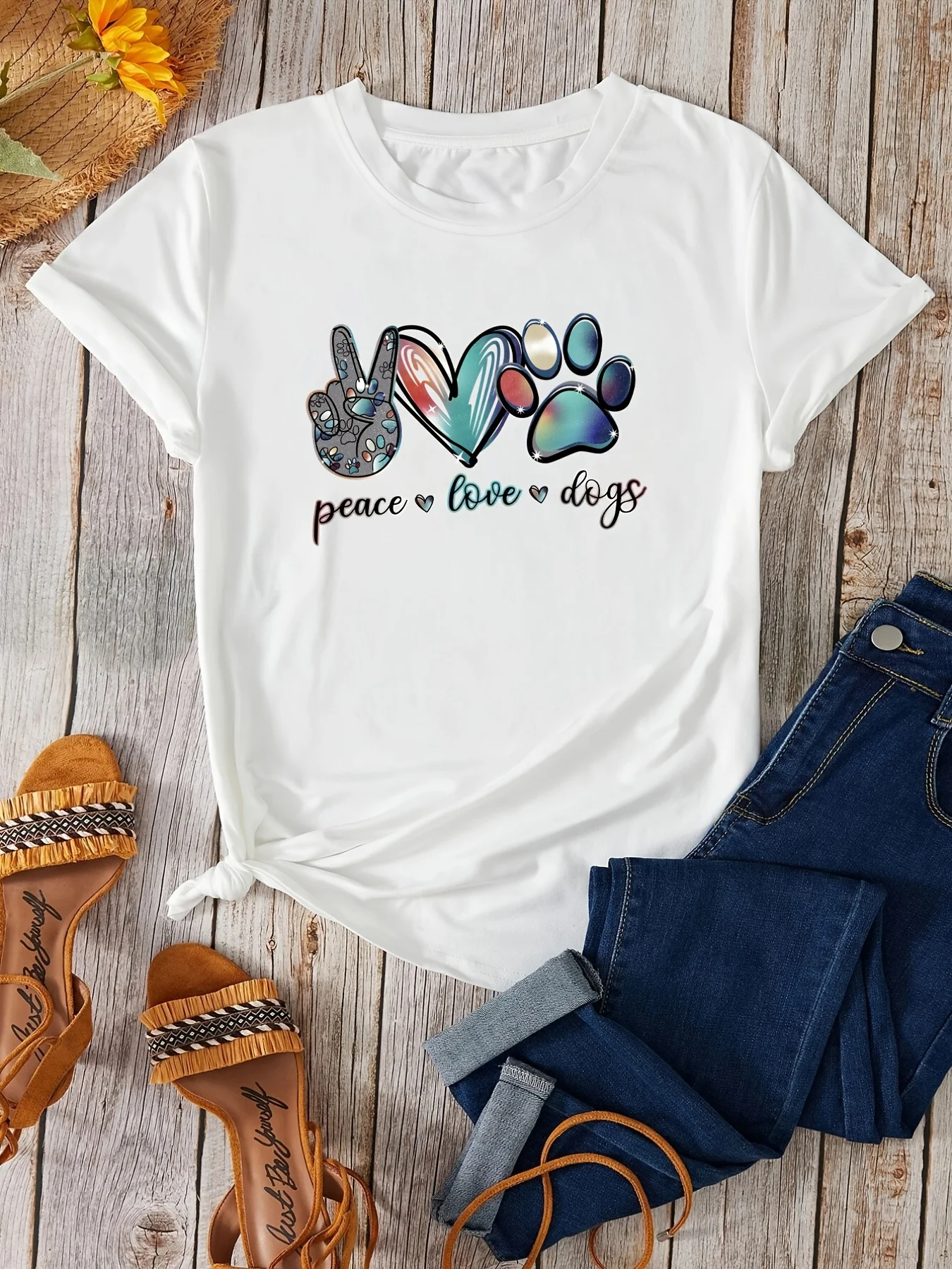 

'Peace Love Dogs' Cute Letter Print Graphic T-Shirt, Casual Every Day Tops, Women's Clothing thirt shirt femme