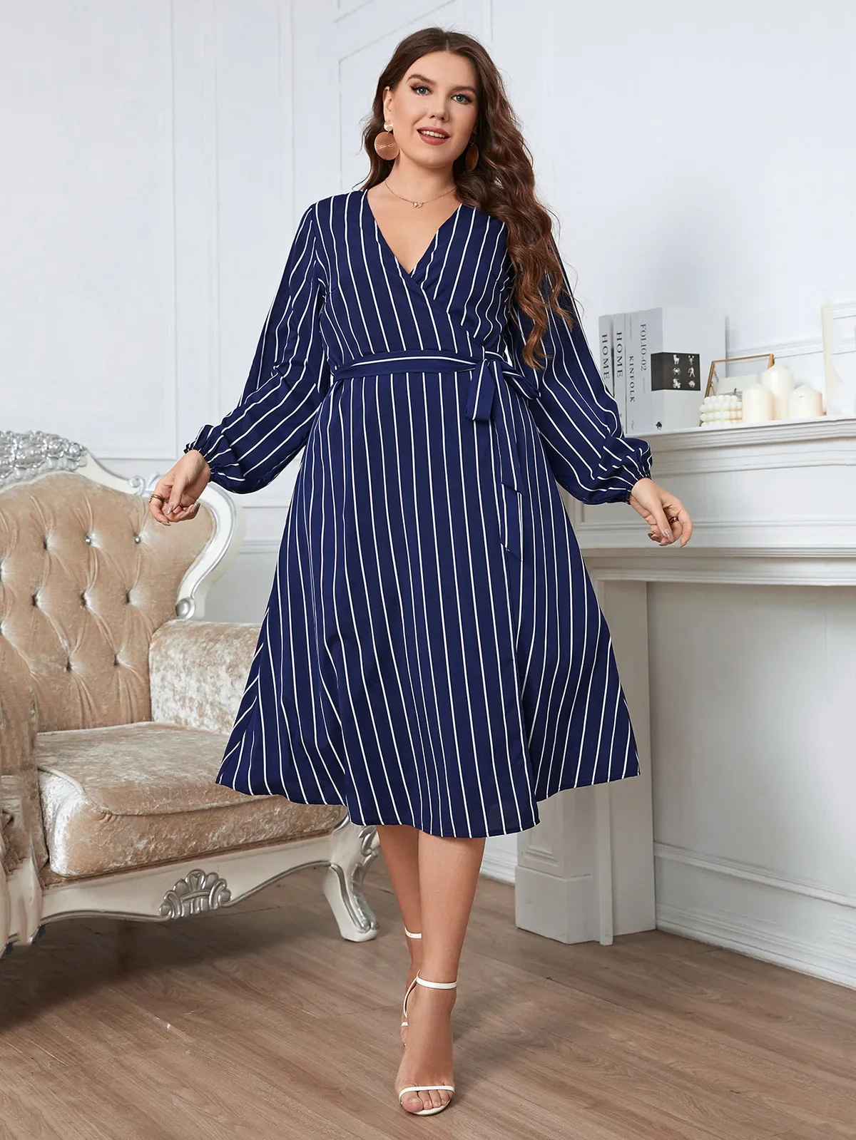 Plus Size Wrap V Neck Women Dress Long Bishop Sleeves Striped Print Robe Waist Belt A-line Dress Autumn Female Elegant Clothing