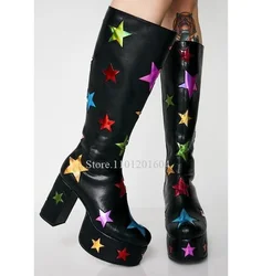 Sky Star Over Knee Boots Women Colorful Cross Denim Platform Patent Leather Ankle Calf Booties Crystal Rhinestone Design Shoes