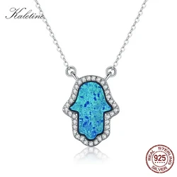 KALETINE Opal Hamsa Hand of Fatima Charm Genuine 925 Sterling Silver Pendant Necklace Jewelry Long Chain Necklace KLTN022