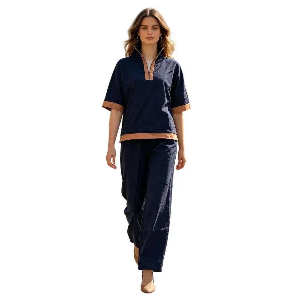 Women Cotton Linen Suit Stylish Set Color Block Cotton Linen Set Half Sleeve Zip-up Top Wide Leg Pants Summer Lounge for Women
