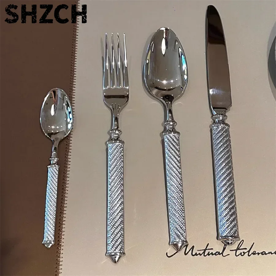 Silver Luxury Fashion Cutlery Set 18/10 Stainless Steel Creativity Gift Roman Column Flatware 304 Drop Shipping