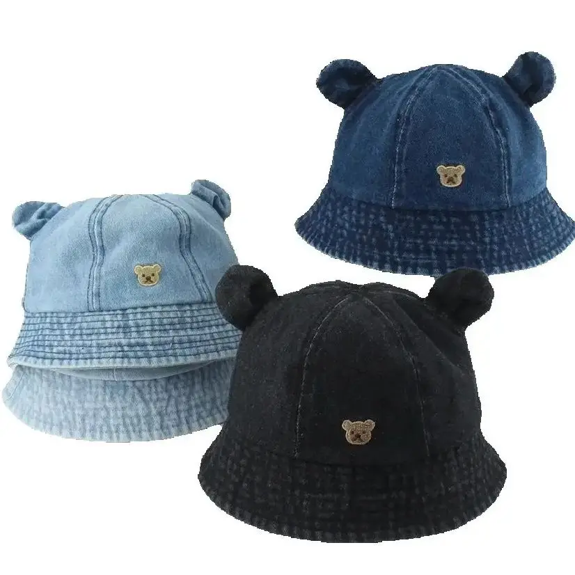 

Summer Baby Bucket Hat Kids Cartoon Cute Bear Ear Denim Caps UV Protection Sun Cap Outdoor Panama Girls Boys