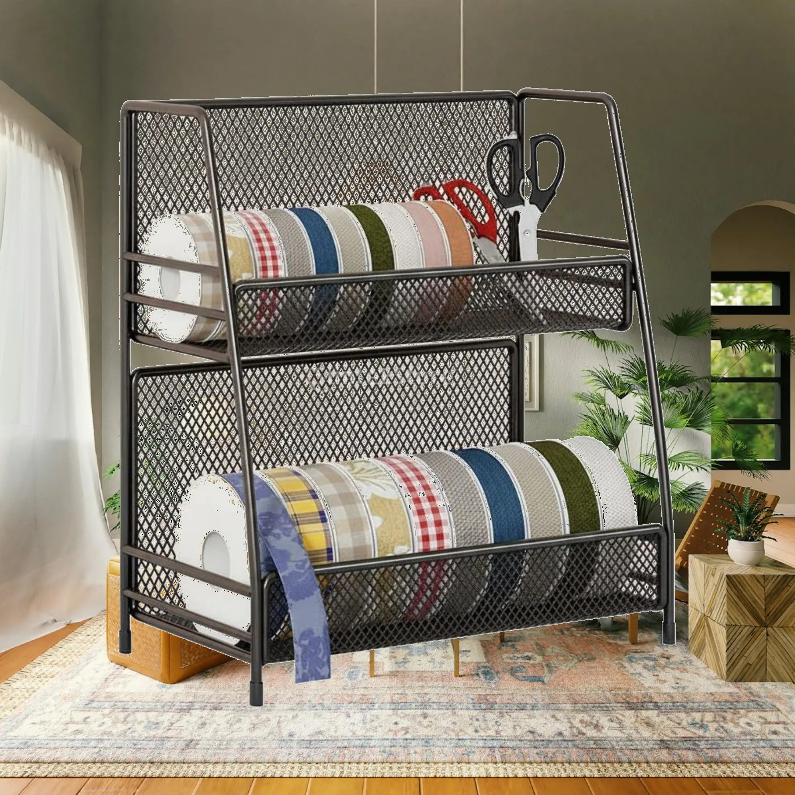 Craft Ribbon Holder with Sturdy Iron Frame Multi Tier Vertical Rack for Florist and Sewing Workspace