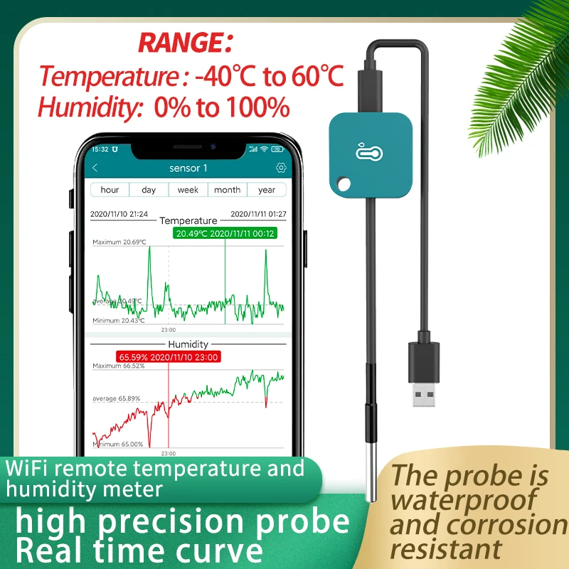 jaalee JHT-UP WiFi Temperature/Humidity/Dewpoint/VPD  Thermometer/Hygrometer Refrigerator Freezer ±0.1℃ ±1.5%  Alarm Alerts