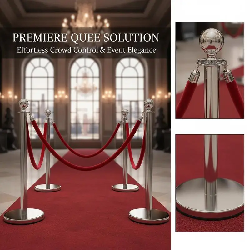 Picture 3: 4 Pcs Silver Separation Guide Posts with 2 Red Velvet Cords 1.5m, Queue Waiting Line Safety Individual Posts 96cm Height Queue Barrier for Crowd Control