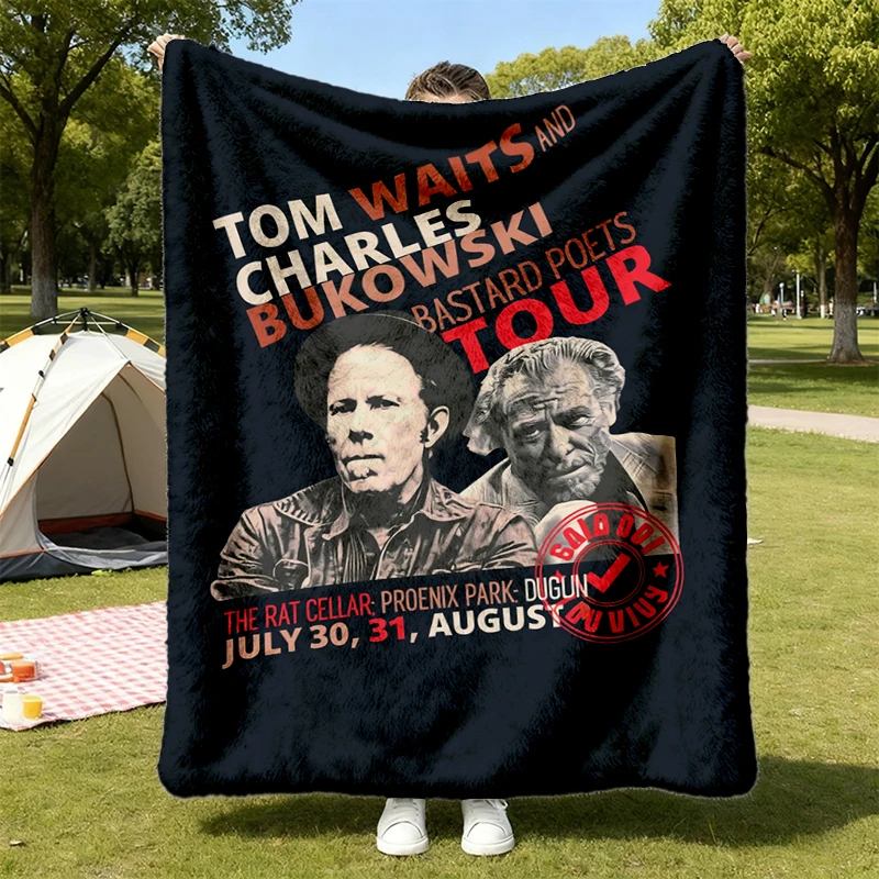 Tom Charles Bukowski Waits Tribute Flannel Blanket - Cult Literary & Music Merch - Gritty Beat Generation Graphic