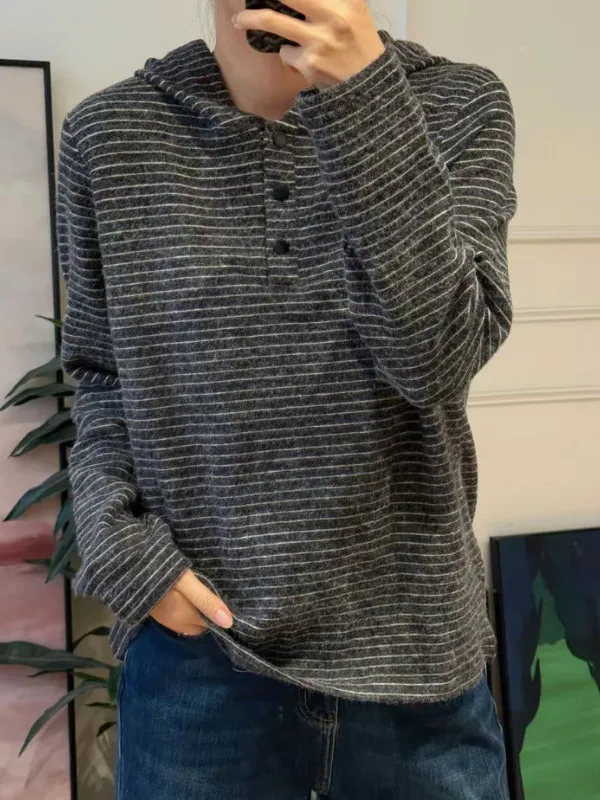 

plus Size Striped Long Sve Hoodie Women's Spring Slimming Inner Wear Base irt Top Casual Comfortable Korean Sle