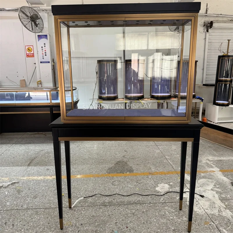custom.High Quality Jewelry Display Cabinet showcase Black Metal Lockable Tempered Glass Custom Jewelry Display Cabinet