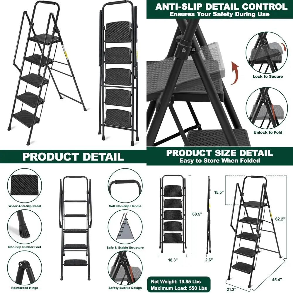 

Складная алюминиевая стремянка с широкими противоскользящими педалями, поручнями, вместимость 550 фунтов для взрослых, портативная и прочная складная стремянка
