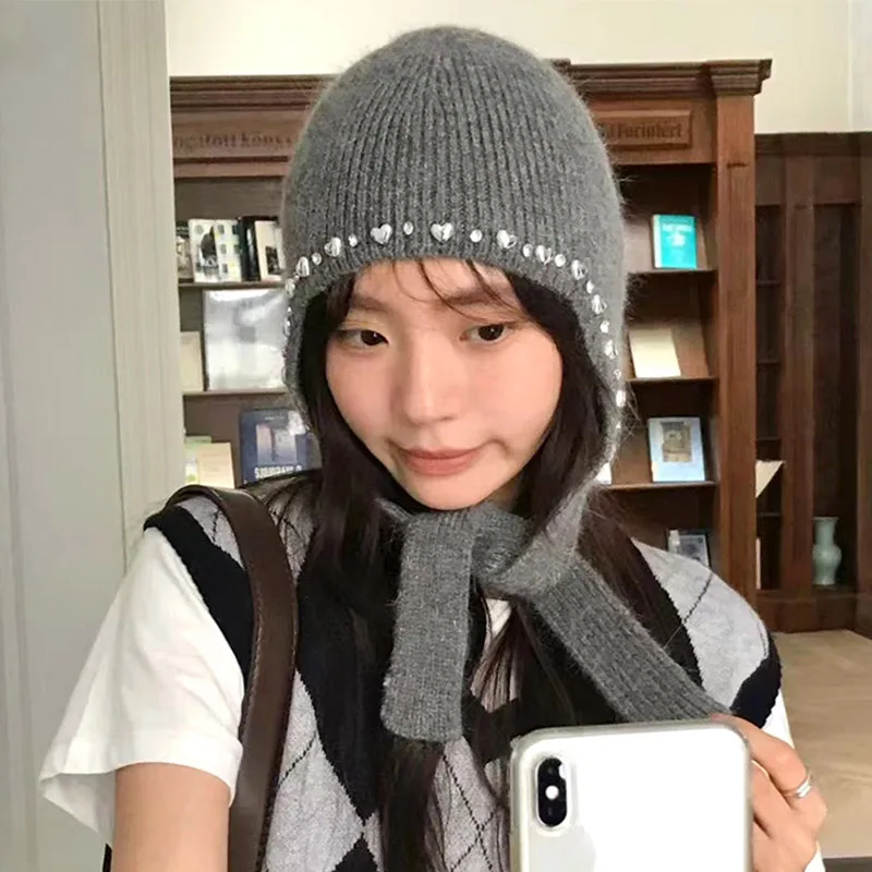 

Women's Winter Knitted Hats Cute Lace-up Students Pullover Hat Autumn Winter Warm Windproof Earflap Beanies Female